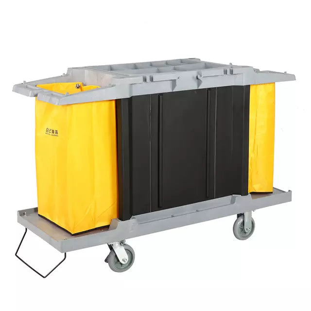 Lavex Blue 3-Shelf Janitor Cart with Yellow Vinyl Bag
